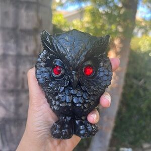 Vintage Black Carved Owl Figurine with Red Eyes